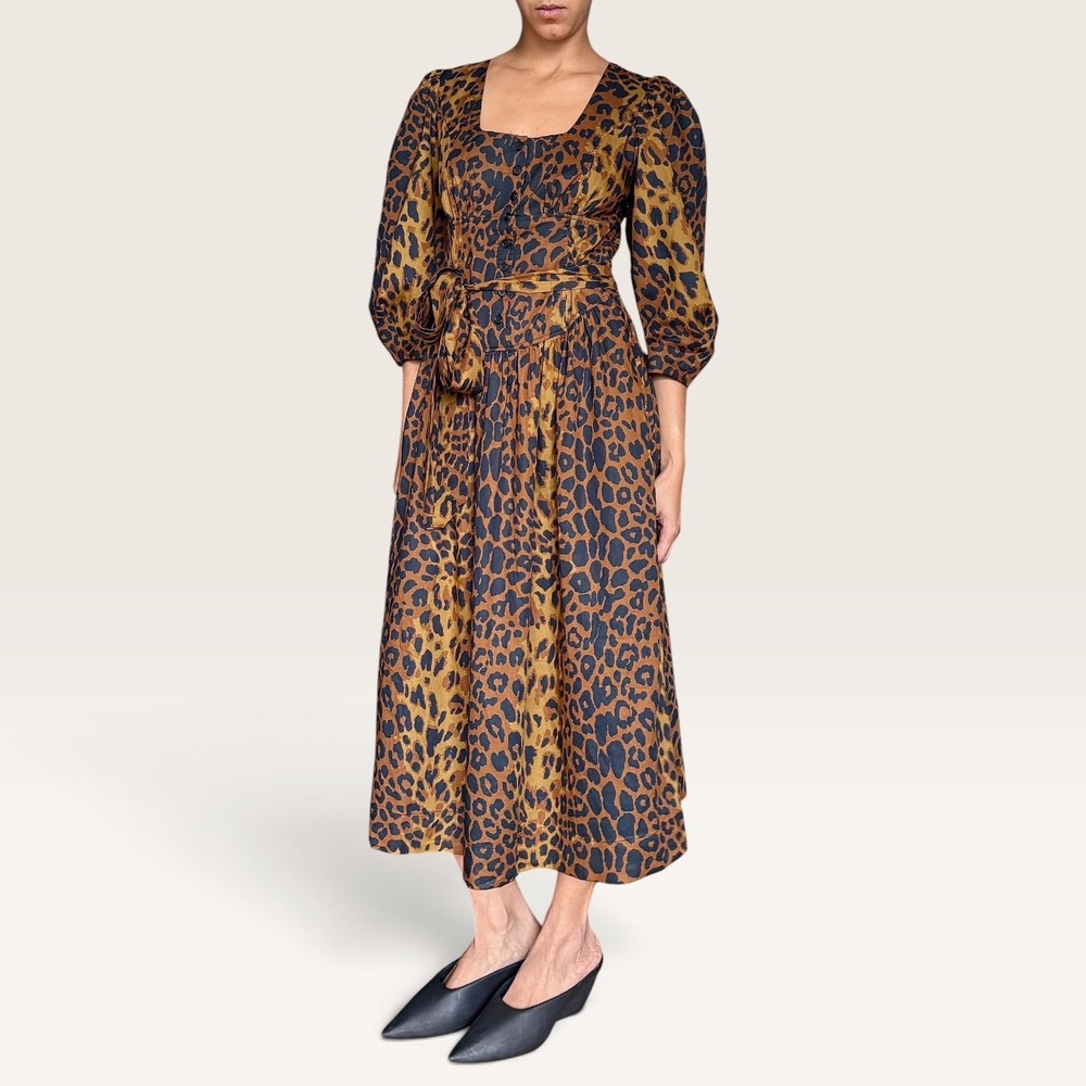 Tuckernuck Leopard Graciela Midi Dress Brown US 4 Cotton Animal Print Office NWT